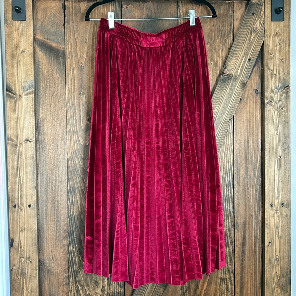 Red Velvet Pleated Skirt